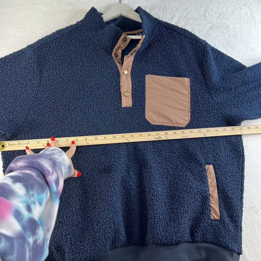 Lands' End Men's Size XL Boucle Sherpa Fleece Pullover Dark‎ Blue Navy 1/4 Snap